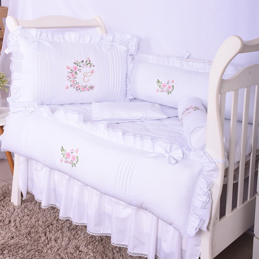 Kit Berço Personalizado Menina Cecília Branco/Floral - 08 Peças