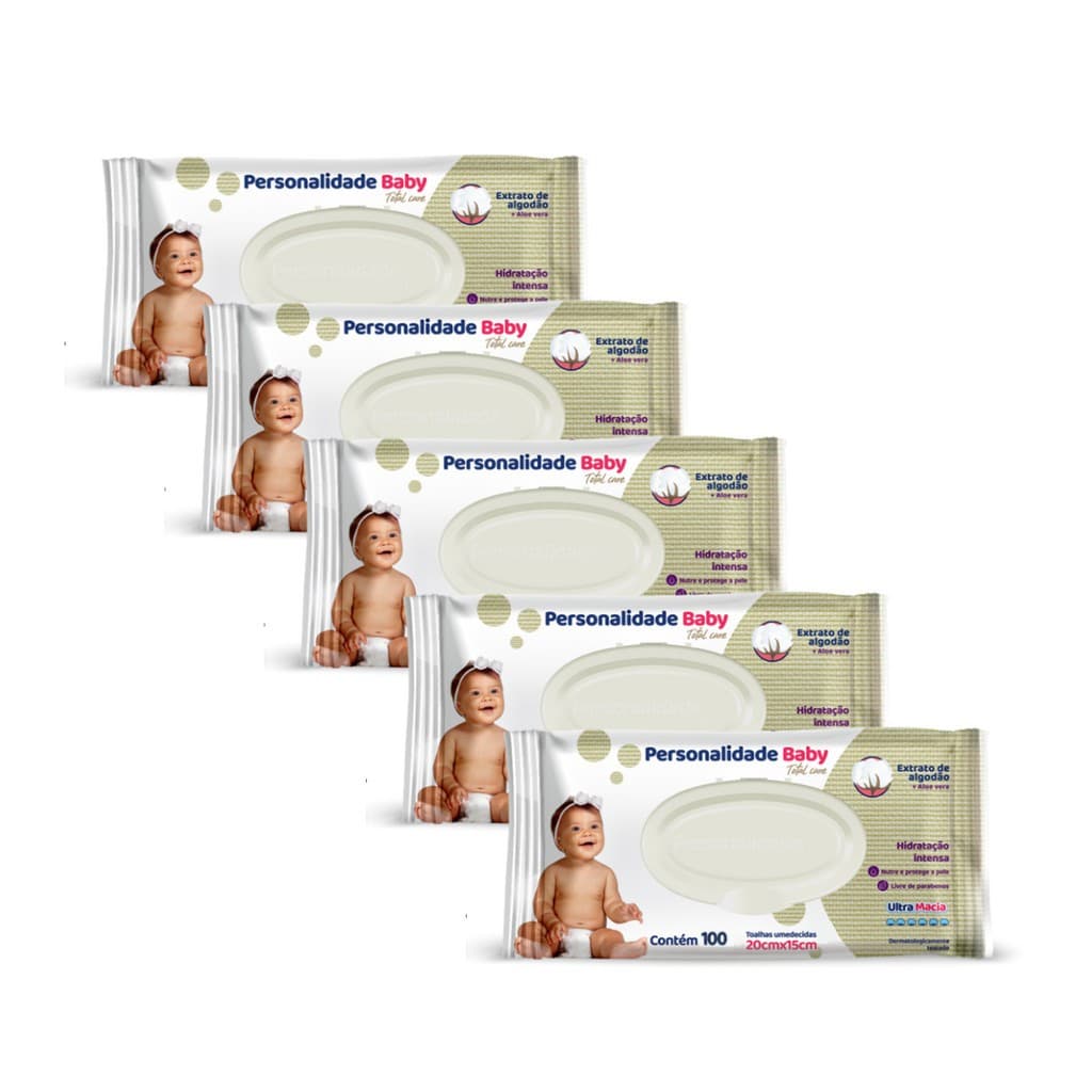 Kit 5pcts Personalidade Baby 100un Toalha Umedecidas Cada - 500 total