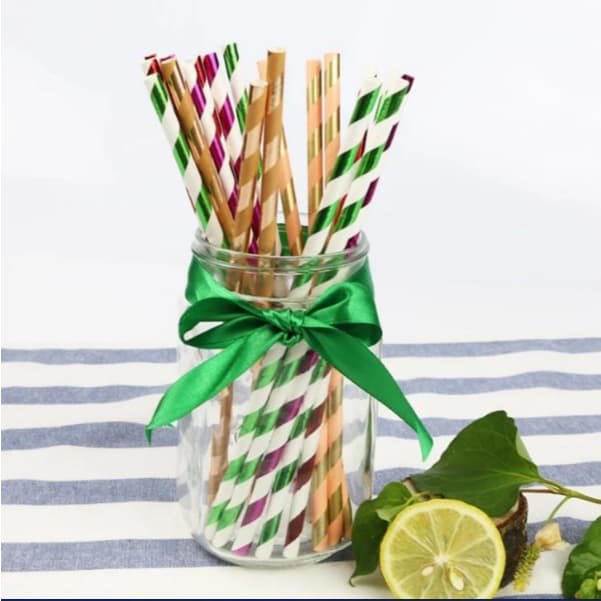 100/200/300 Canudos Papel Biodegradável Listrado Metalizado/Metalizado Liso pacote fechado c/25uni.
