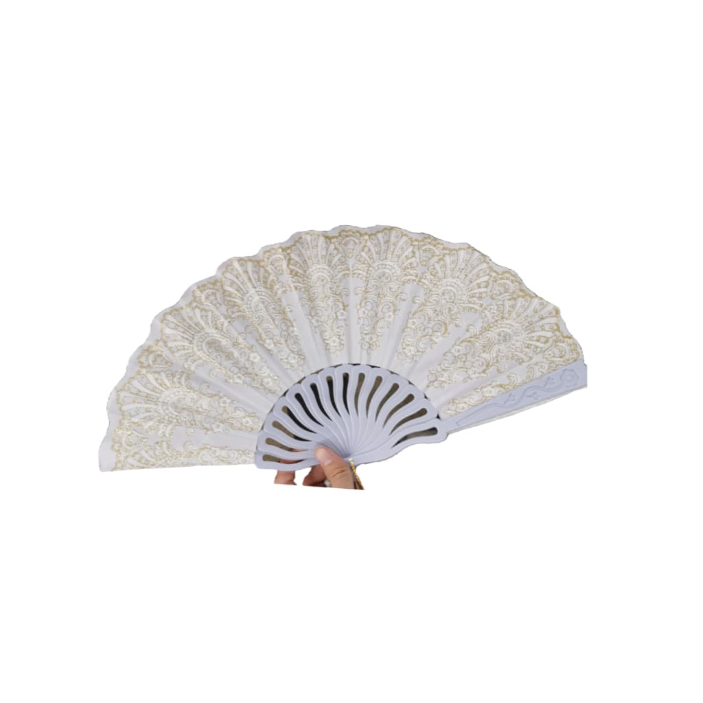 Leque Cigano Branco De Tecido E Glitter Luxo para uso do dia a dia, festas, apresentações de dança, etc.