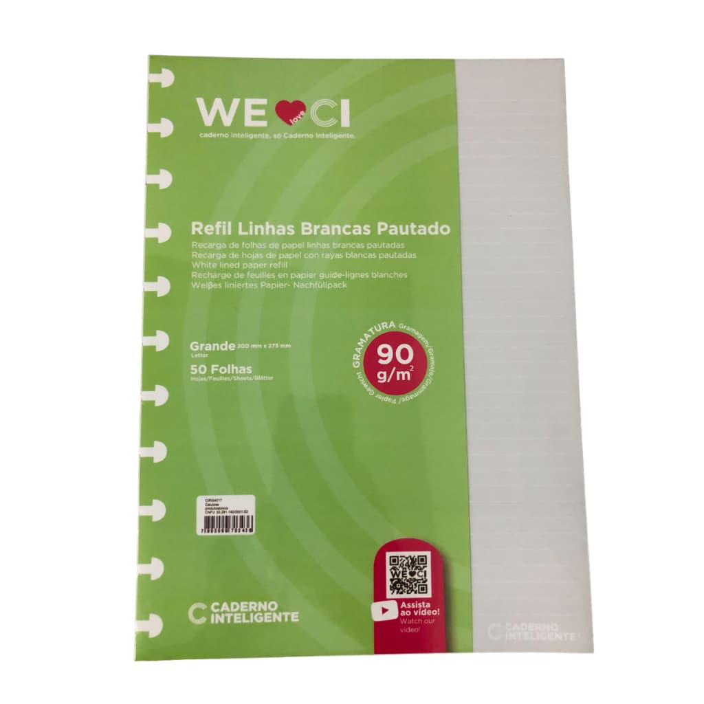 Refil Folhas Caderno Inteligente Linhas Brancas Pautado - Grande 90g