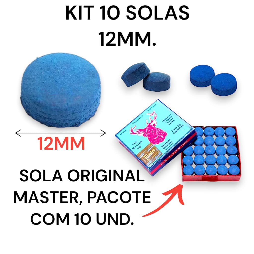 10 Solas Ponteiras Para Taco De Sinuca 12mm Master Azul Bilhar Pacote Com 10 UND