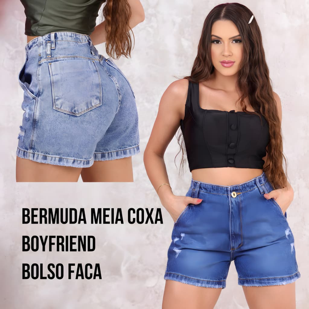 Short Boyfriend Meia Coxa Cintura Alta Feminino Bermuda Jeans 100% Algodão Confortavel