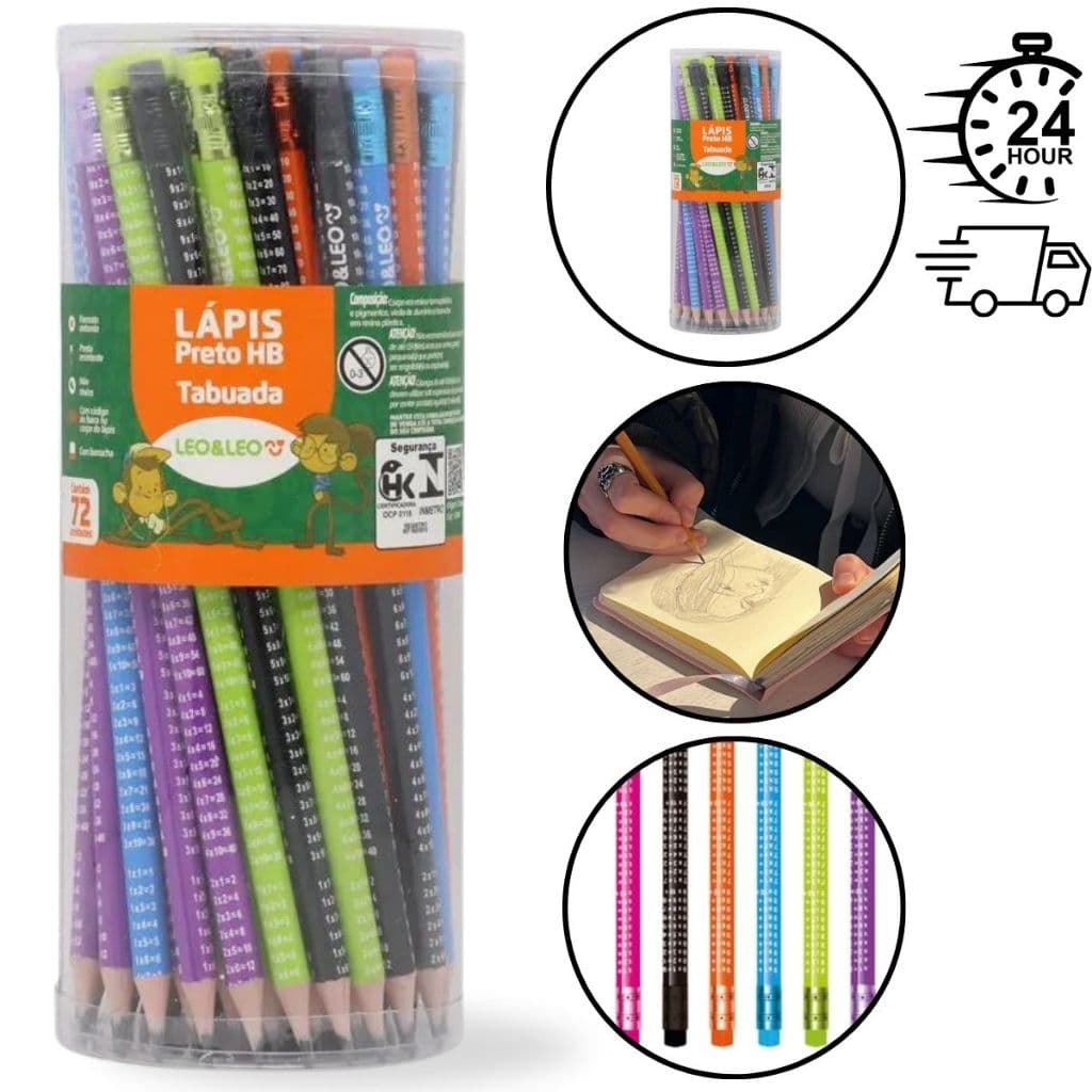Pote 72 Lápis De Escrever Hb C/ Borracha Na Ponta Tabuada Colorido Escolar Leo Leo