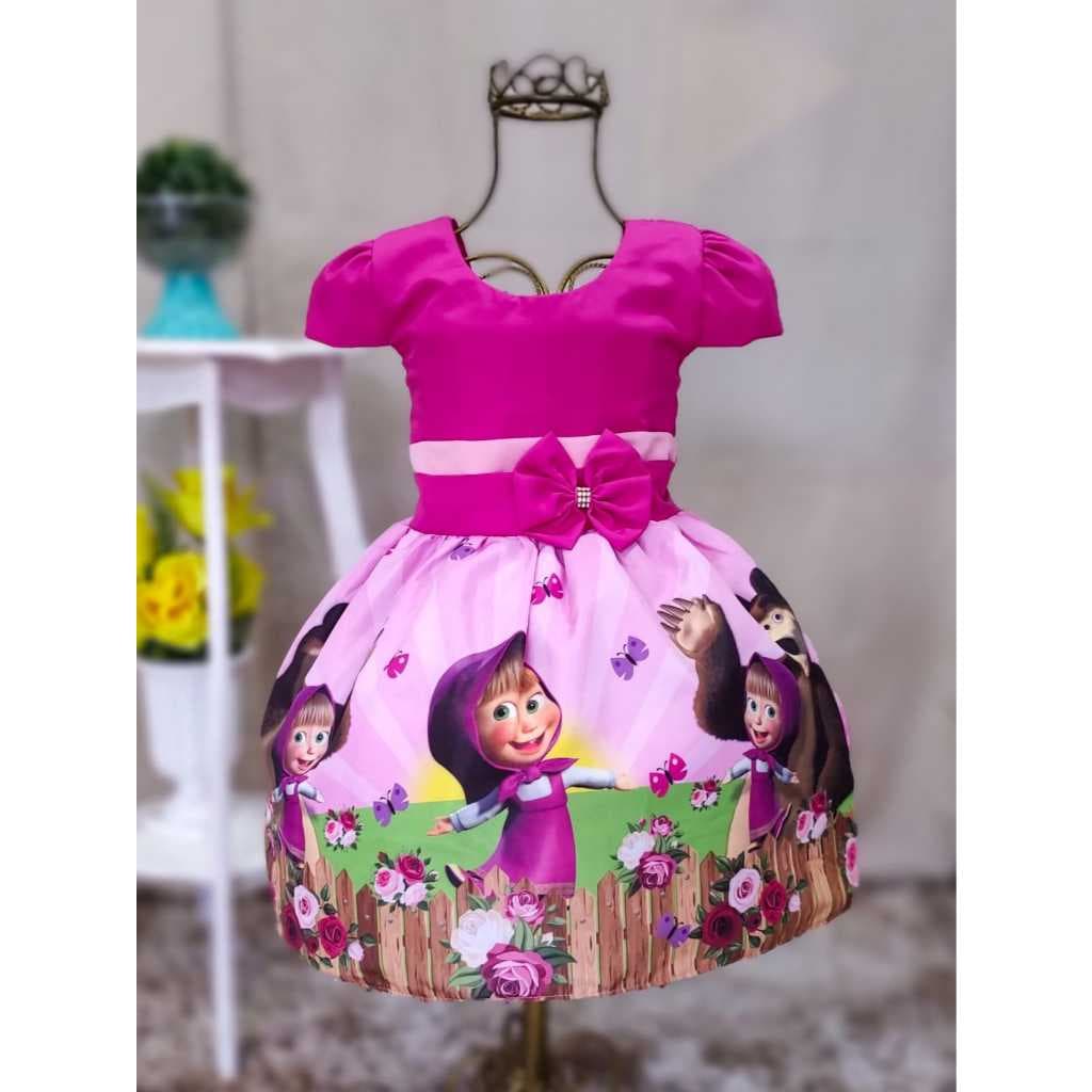 Vestido Aniversario Marcha e urso Luxo, Saiote Infantil Juvenil, Floral Rosa