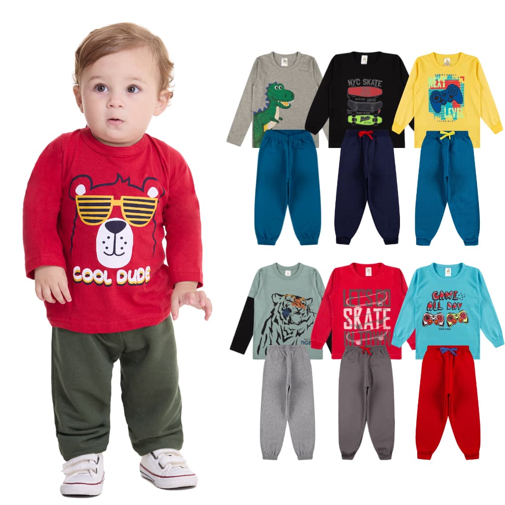 Kit Sortido 6 Peças de Roupas Infantil Bebê Menino(3 Camisas + 3 Calças)Kit 3 Conjuntos Meia Estação