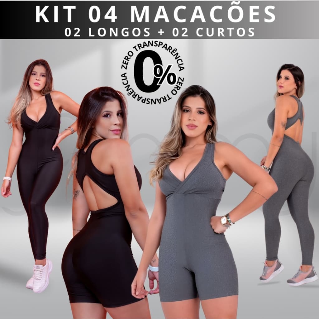 Kit 4 Macacão Fitness - 02 LONGO (CALÇA) - 02 CURTO (SHORT)