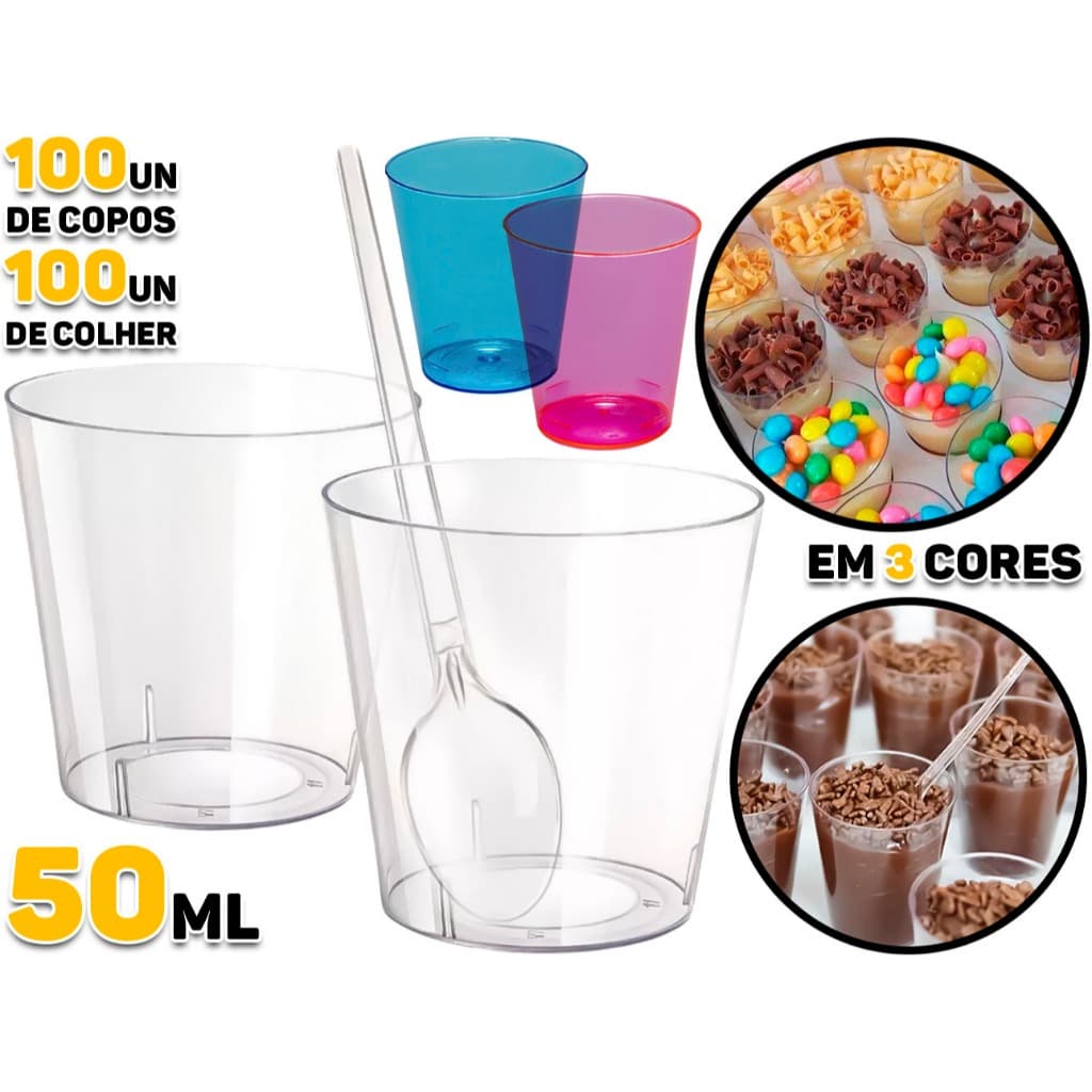 Kit 100 Copo Copinho Potinho Cristal 50ml Acrílico Brigadeiro De Colher Doce Docinho Com Colheres