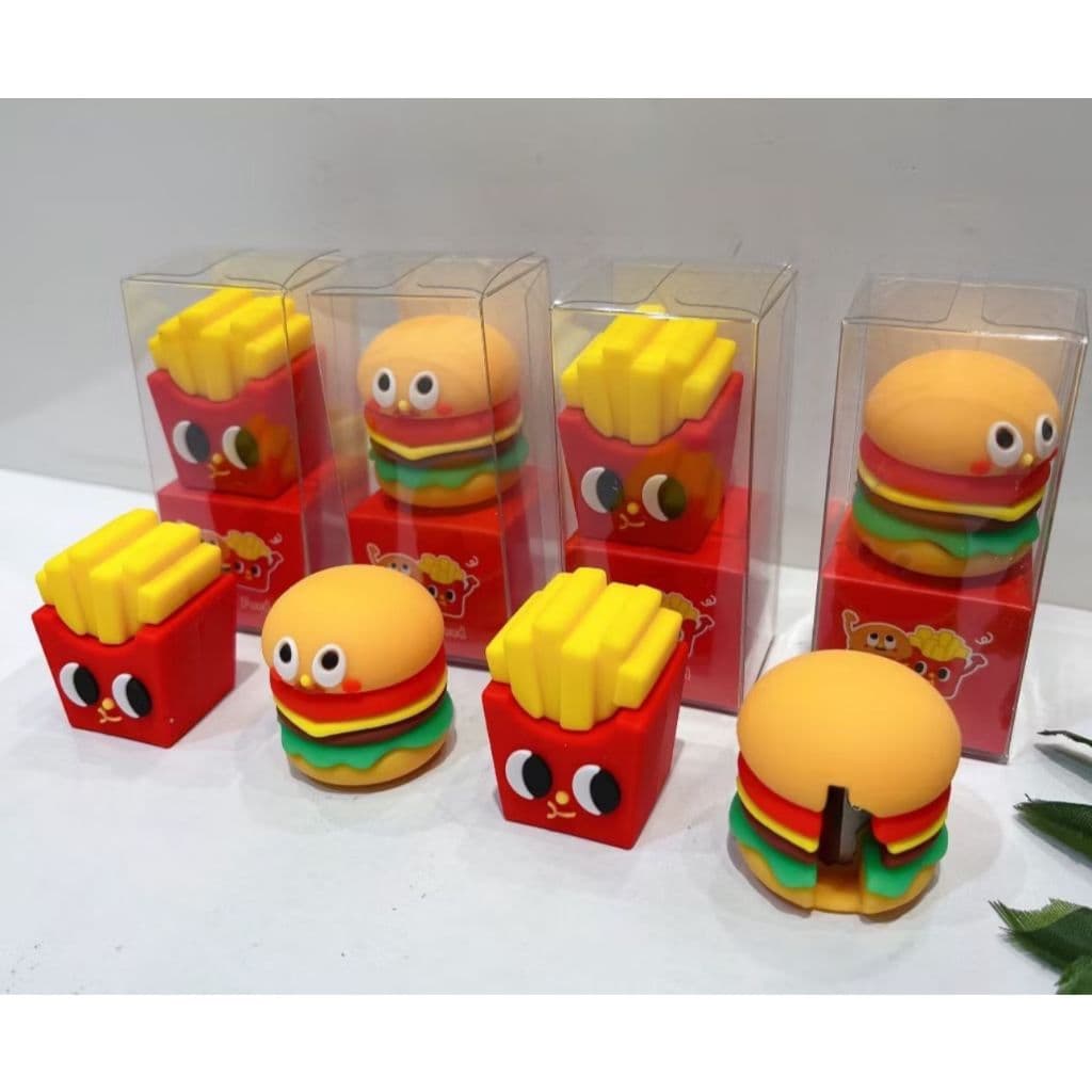 KIT 2 PEÇAS APONTADOR CRIATIVO BATATA FRITA E HAMBÚRGUER