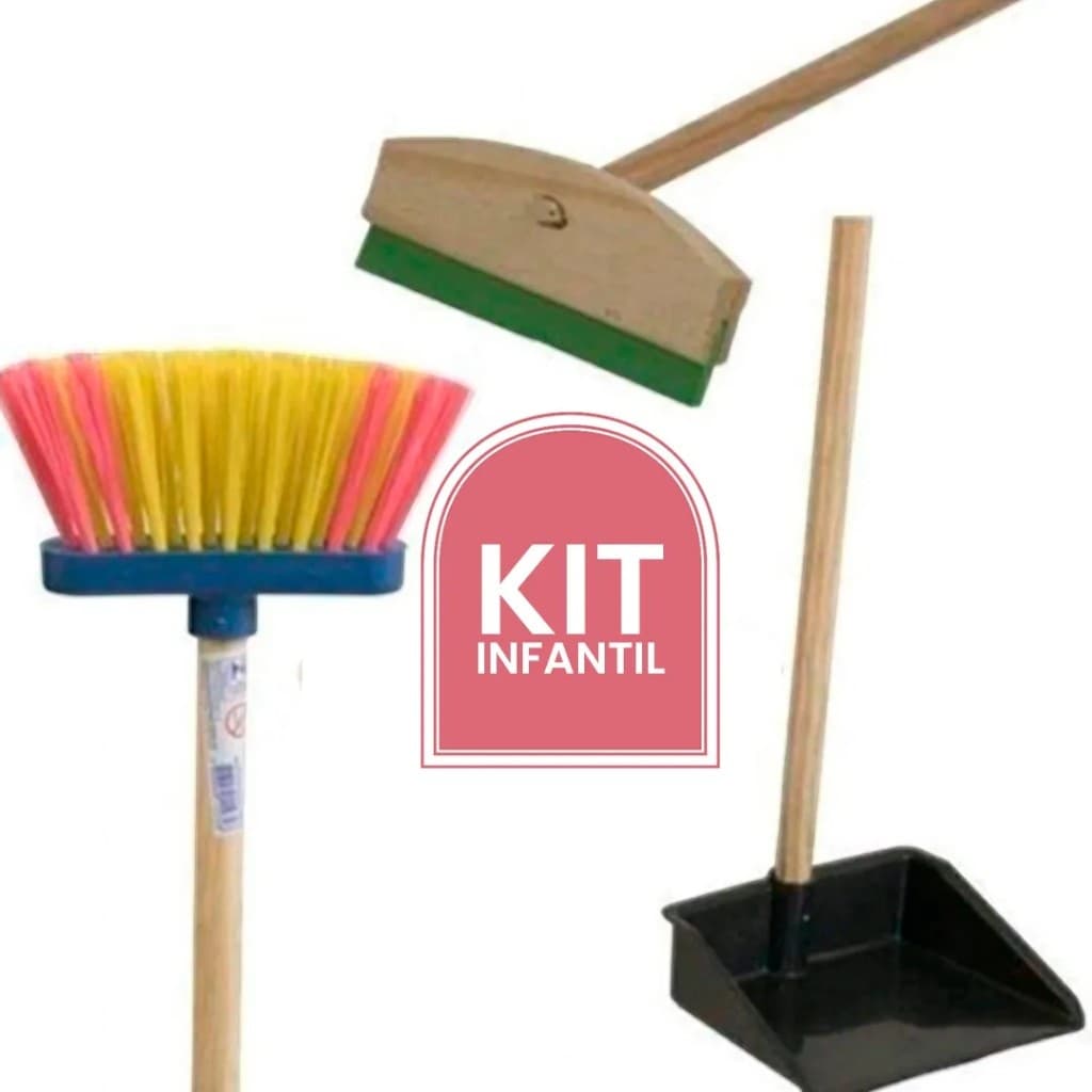 CONJUNTO INFANTIL DE LIMPEZA RODO/PÁ/VASSOURA Brincar Faz de Conta Brinquedo