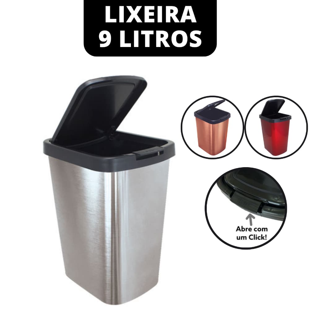 Lixeira Cesto Inox Metalizado 09 Litros Com Tampa Click Label Vermelho Rose Gold Banheiro Cozinha