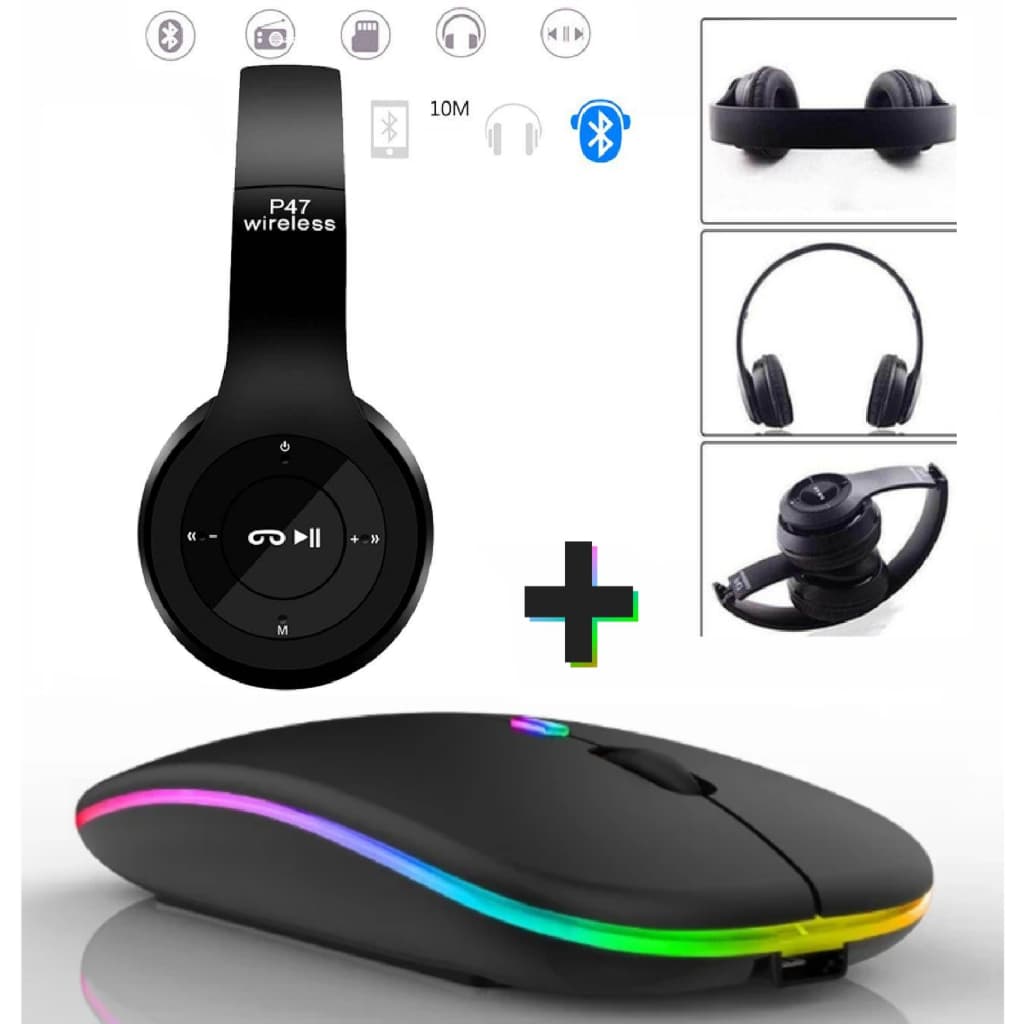 Kit Mouse Rgb Sem Fio + Fone Sem Fio Headset Bluetooth Para Notebook Celular Tablet Pc