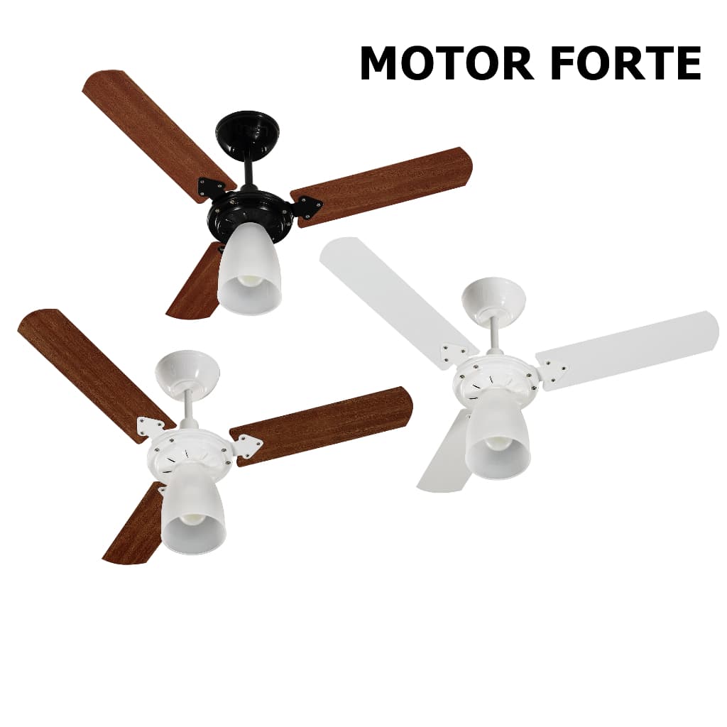 Ventilador Teto MOTOR FORTE  Marbella 3 Pas 110v ou 220v cores Branco ou Preto madeira ou Branco mogno TRON