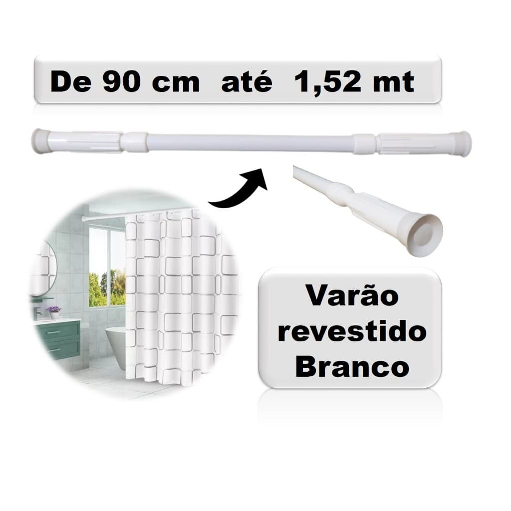 Varão extensível de 90 cm até 1,52 mts para Cortina Box de banheiro Pia de Cozinha