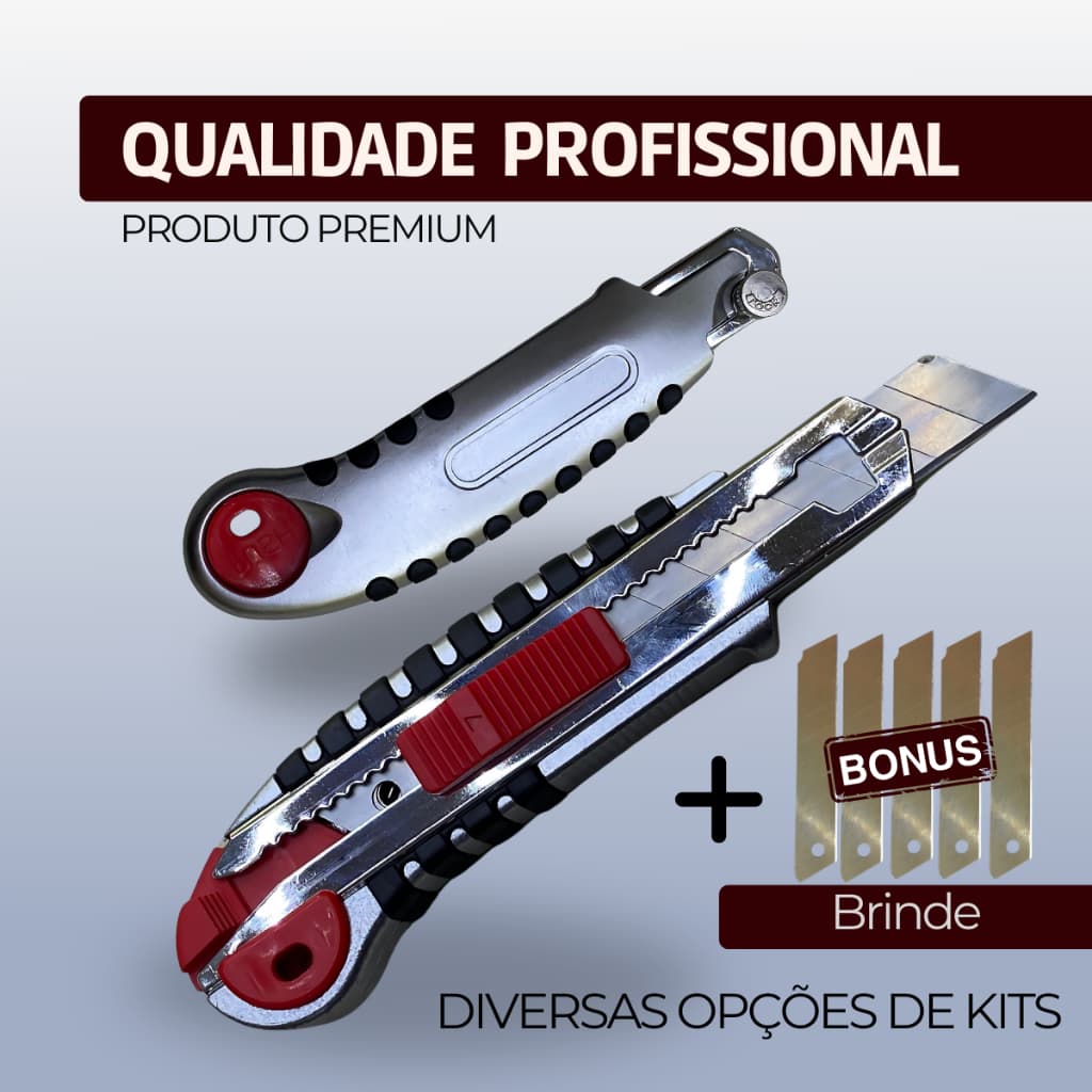 KITs Estilete Profissional Emborrachado c/ Lâminas Recarregador Automático, Pegada Ergônomica