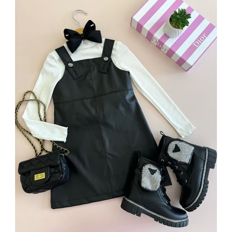 Conjunto Salopete Com Blusa Couiro Sintetico Menina Infantil Do 2 ao 12 Anos Estiloso Moda Bllogueirinh