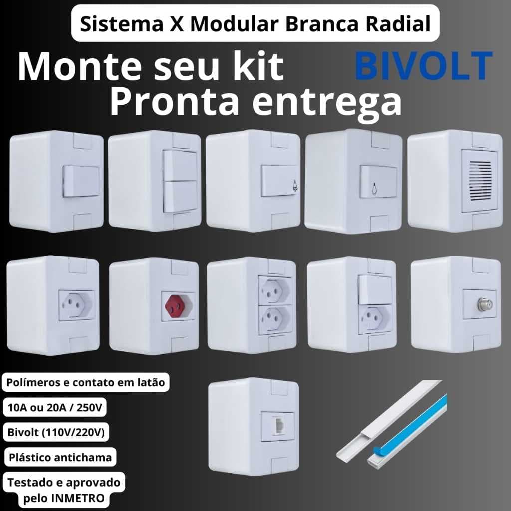 Conjunto Tomada e Interruptores 10A/20A Sobrepor Sistema X Modular Branca Radial Tomada Interruptor