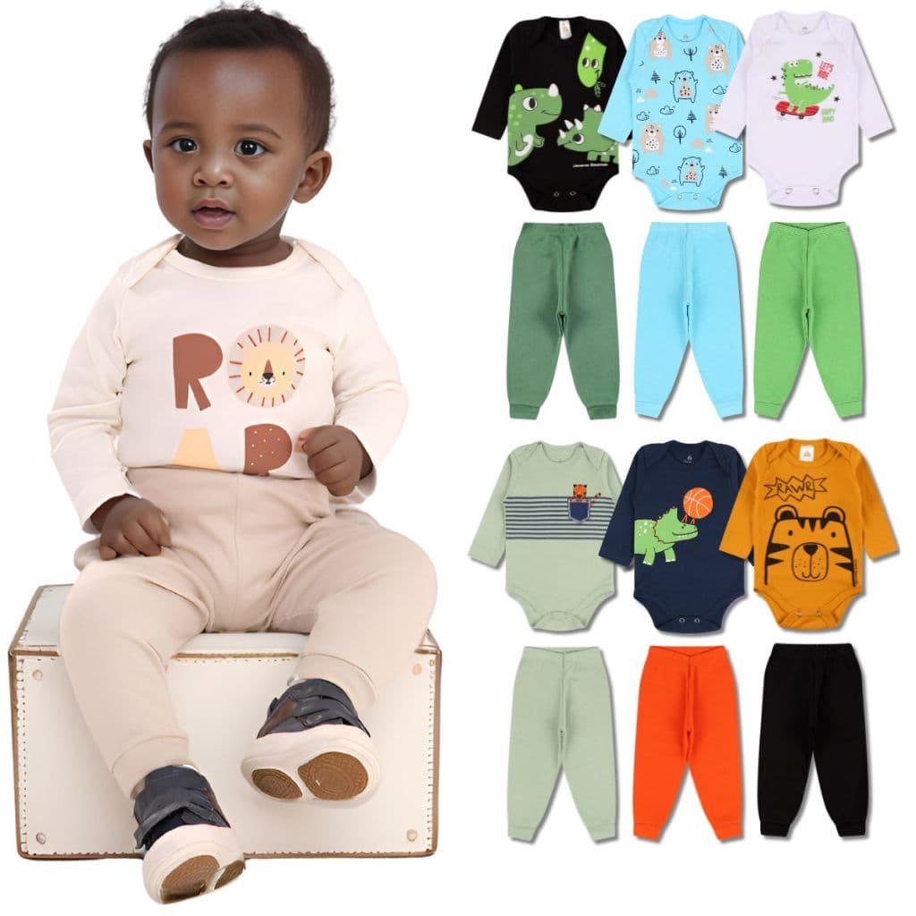 Kit 8 Peças de Roupas para Bebê Menino (4 Body Longo + 4 Calça Mijão) Kit 4 Conjunto Body + Calça Roupa Infantil Bebê