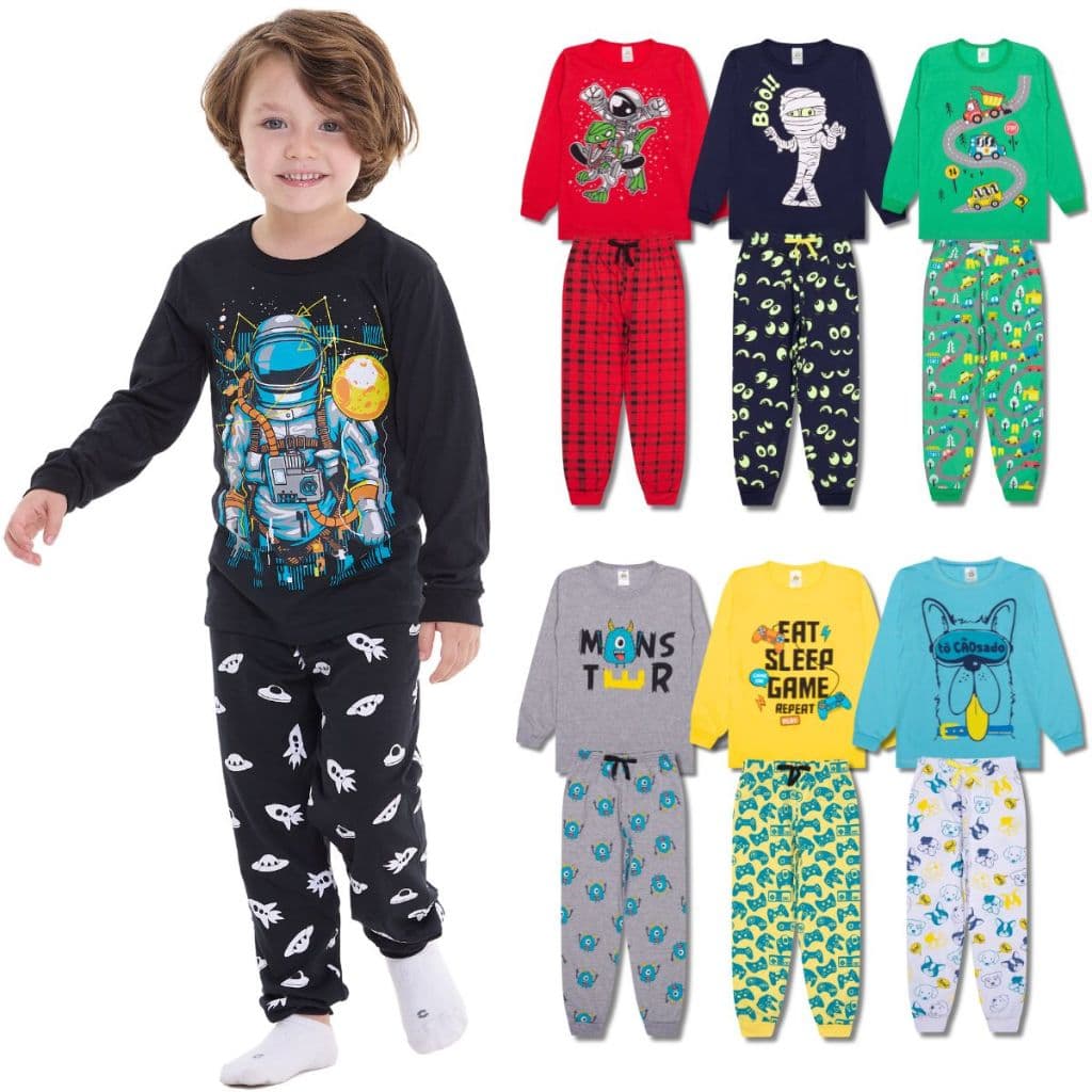 Kit Sortido 4 Peças Pijama Infantil Menino Manga Comprida Tamanho 1 ao 10