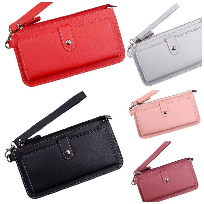 Carteira de couro pu bem estilos,várias repartições e alça de mão.