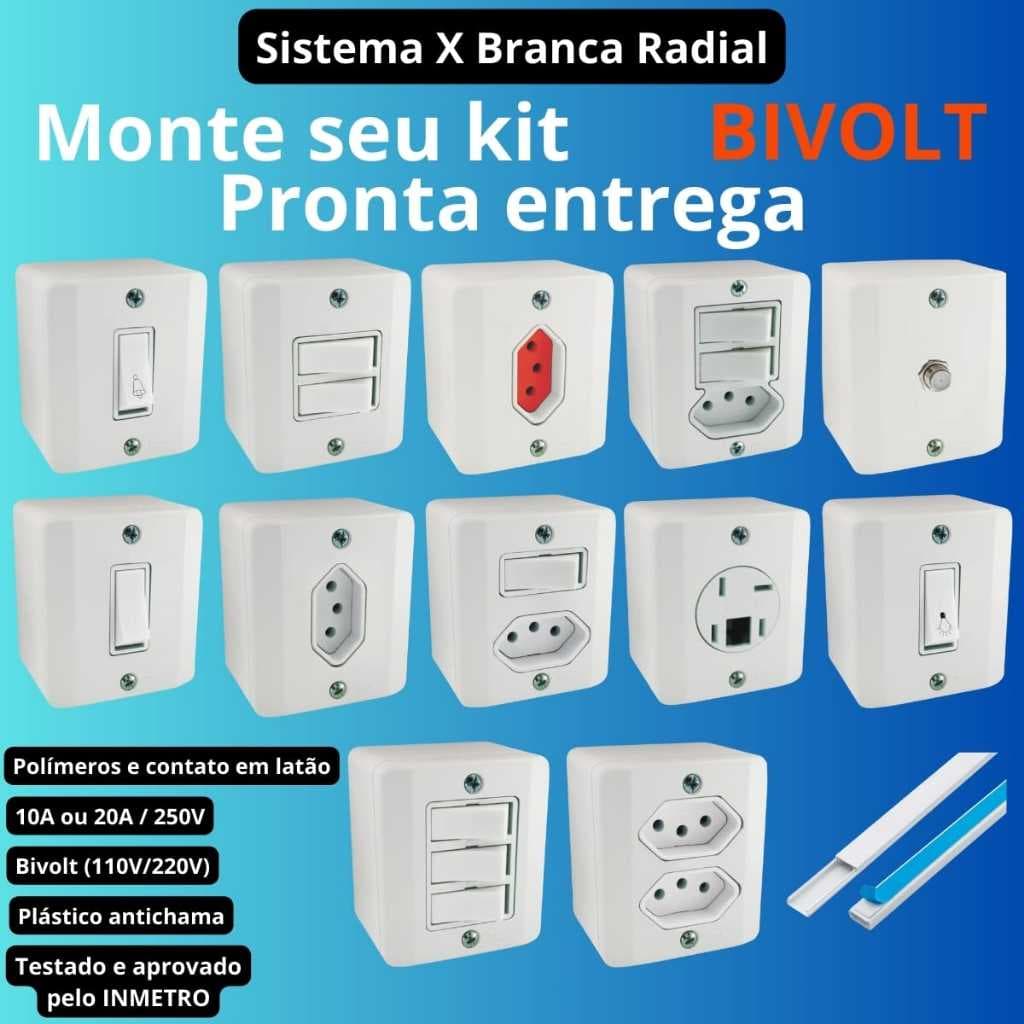 Tomada e Interruptores 10A e 20A Sobrepor Sistema X Branco Radial Tomada 10A Tomada 20A Interruptor