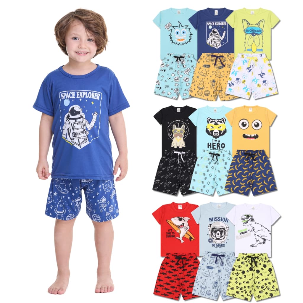 Kit 6 Peças Pijama Infantil Menino Manga Curta 1 Ao 10