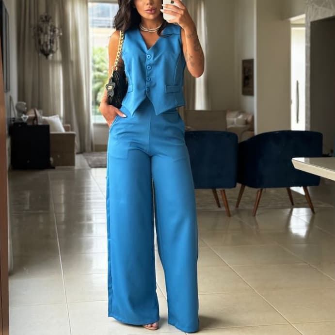 Conjunto Social Calça Pantalona Cintura alta bolsos Alfaiataria Colete Botões Uniforme  Plus Size