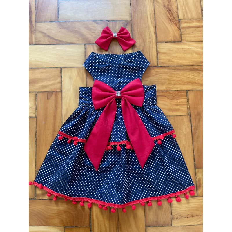 Vestido Pet Poá Azul Marinho + laço em Tricoline premium 100% algodão