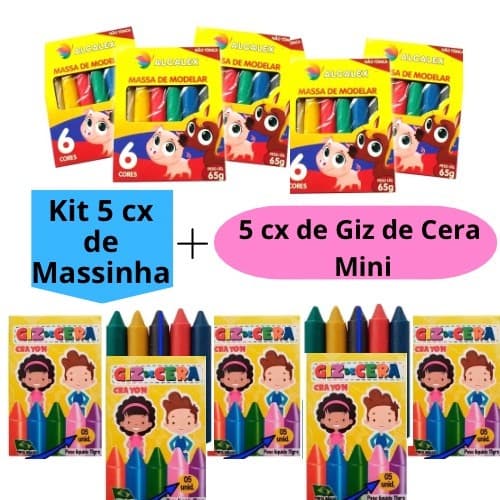 Kit 5 Massinha de Modelar + 5 caixinhas de Giz de Cera Mini Kit Festa Lembrancinha Alcalex