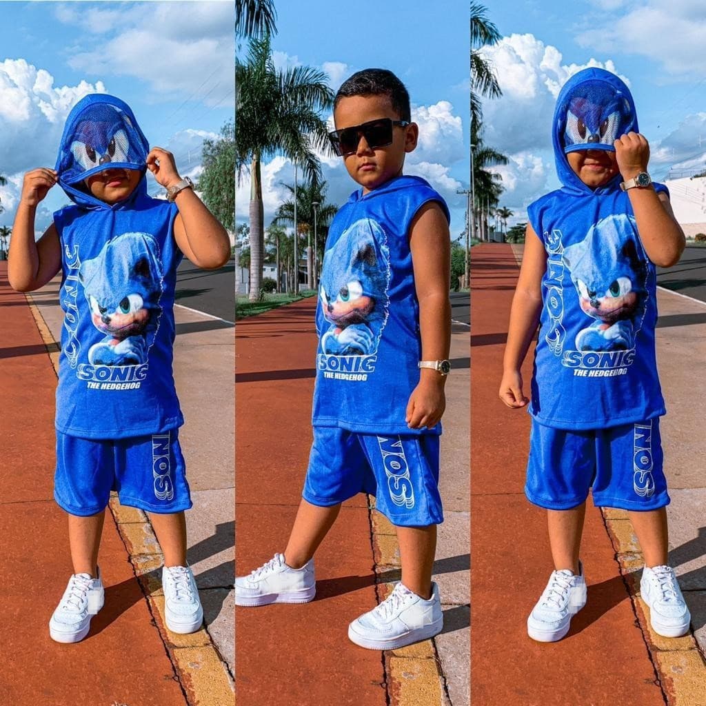 Fantasia Sonic Infantil Conjunto Camisa Bermuda Temático