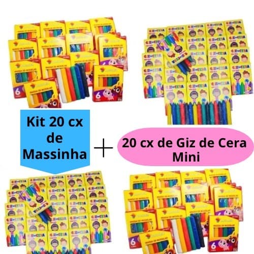 Kit 20 Massinha de Modelar + 20 caixinhas de Giz de Cera Mini Kit Lembrancinha Festa Infantil Alcalex