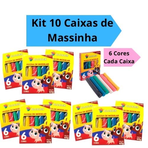 Kit 10 Caixas Massinha de Modelar com 6 Cores Kit Festa Intantil Lembracinhas 65g Alcalex
