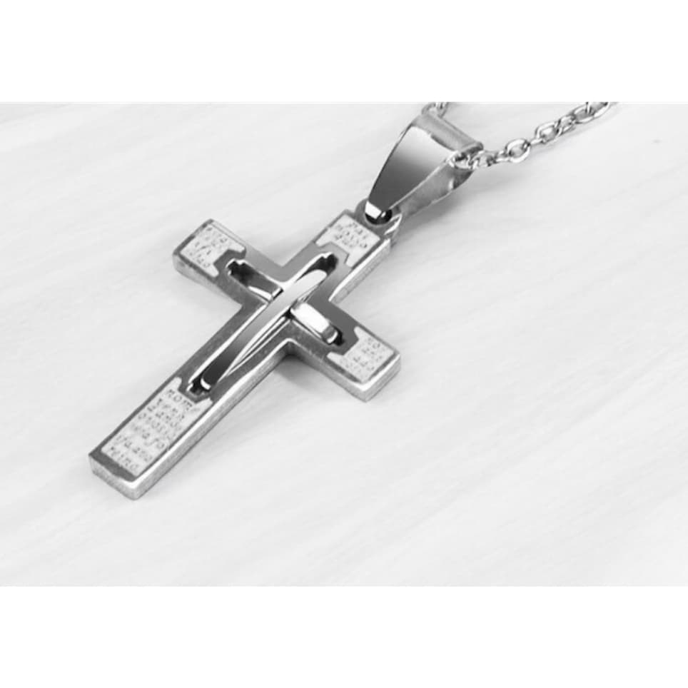 Pingente Crucifixo com Oração Pai Nosso Aço Inox Prata