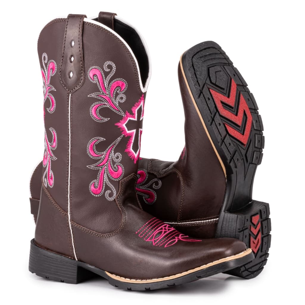 Bota Texana Feminina Country Bico Quadrado Solado De Borracha Bordado Top Cruzeta