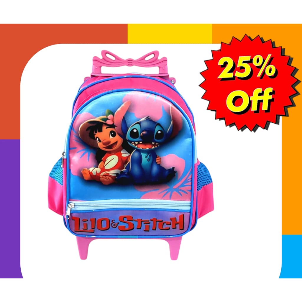 Mochila Escolar Infantil De Creche Pequena Com Rodinha Lilo & Stitch Rosa e Minnie