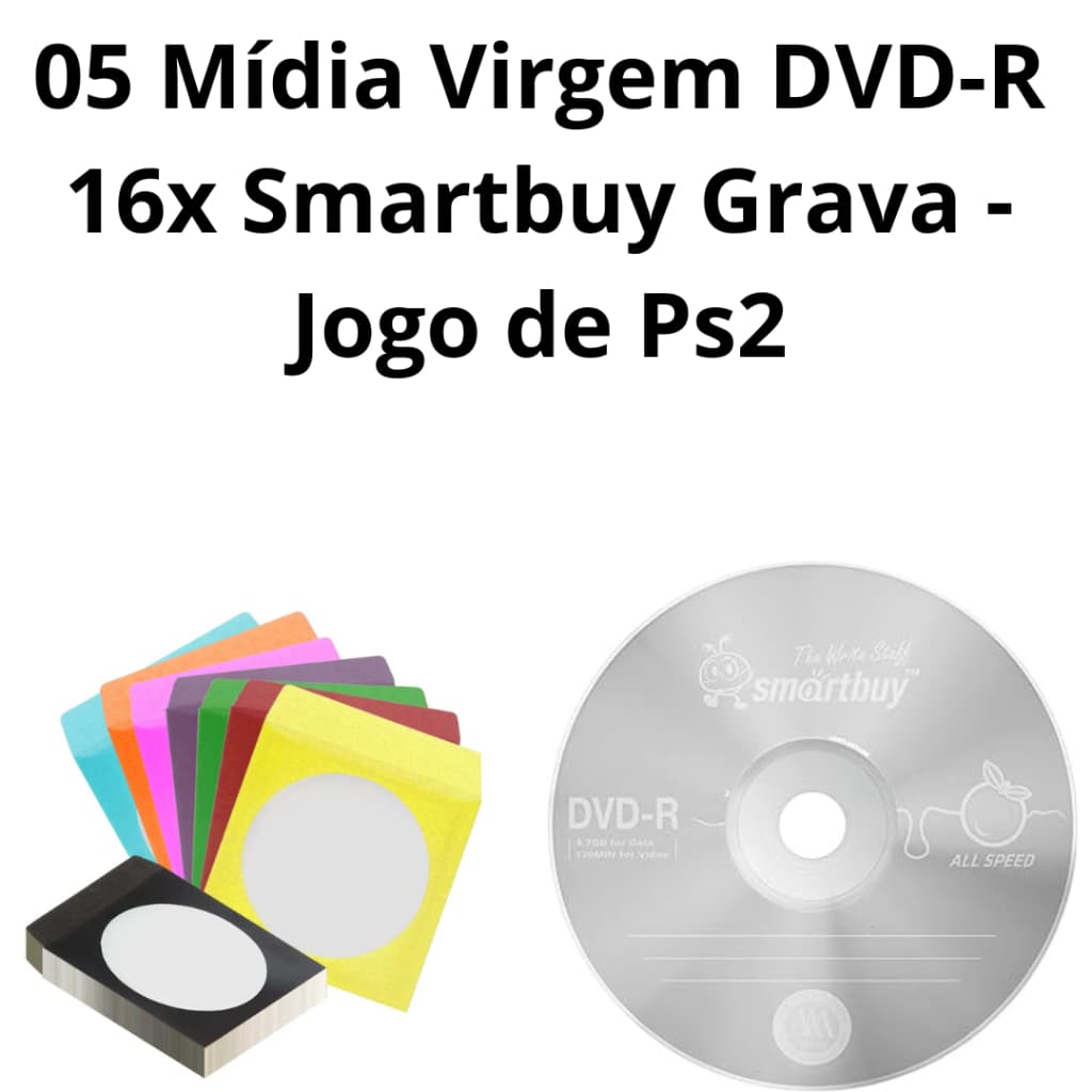 05 Mídia Virgem DVD-R 16x Smartbuy Prata Grava -Jogo de Ps2
