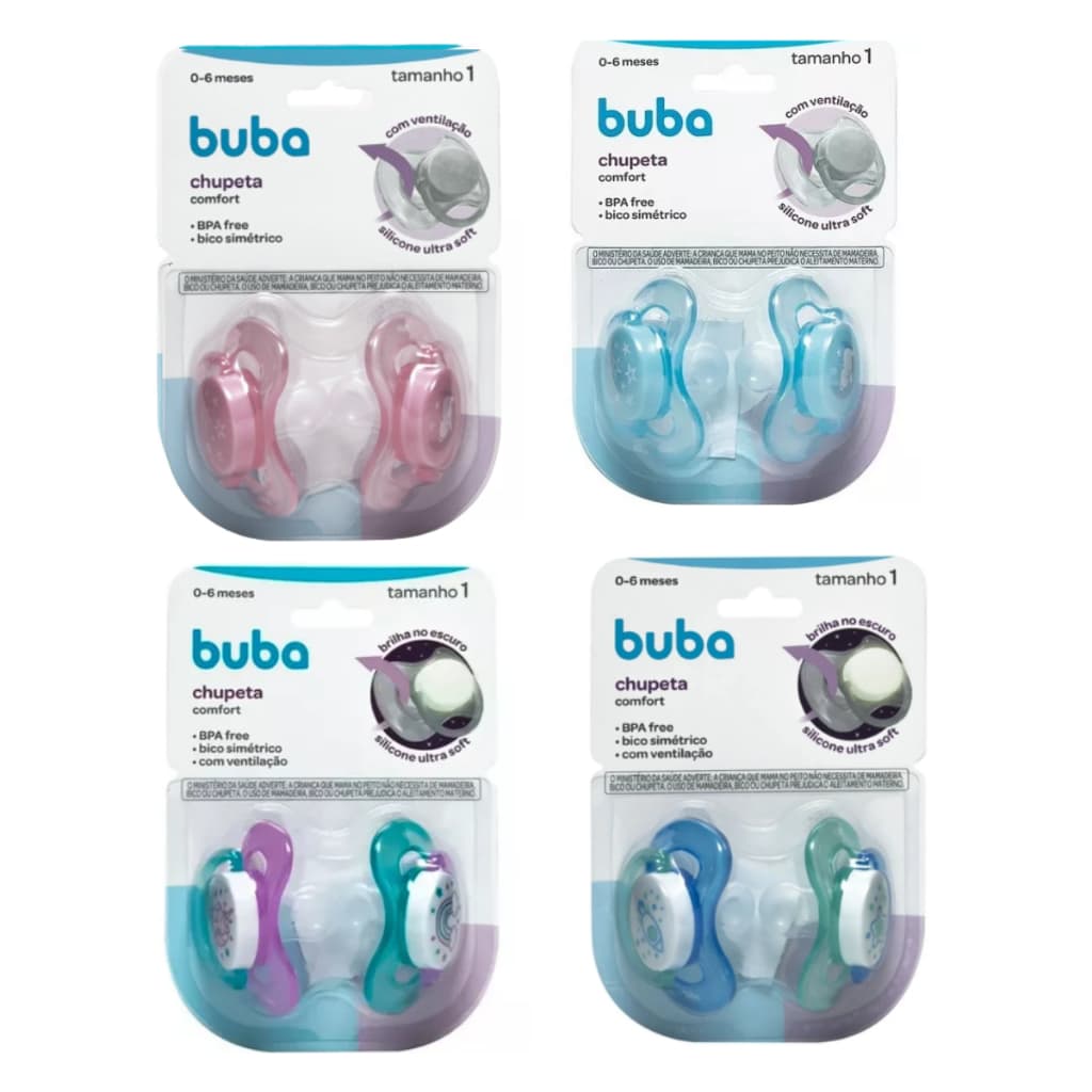 Kit Chupeta Buba 2 Unidades Comfort Chupeta Dupla Buba Bico de Silicone - Tamanho 1 (0 a 6 meses)