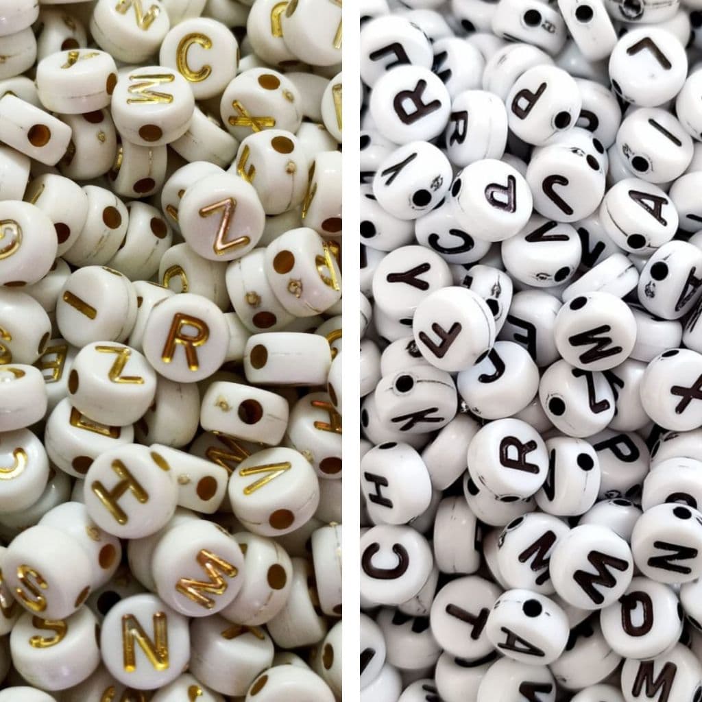 Miçanga Letras Alfabeto 7mm Peças Promoção Letrinhas Redondo Várias CoresDourado e Branco