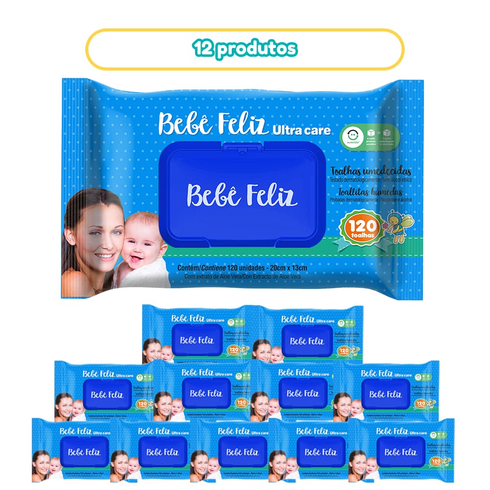 Kit 12 Pacotes Toalhas Umedecidas Bebê Feliz 120 Folhas Cada Pele Sensivel