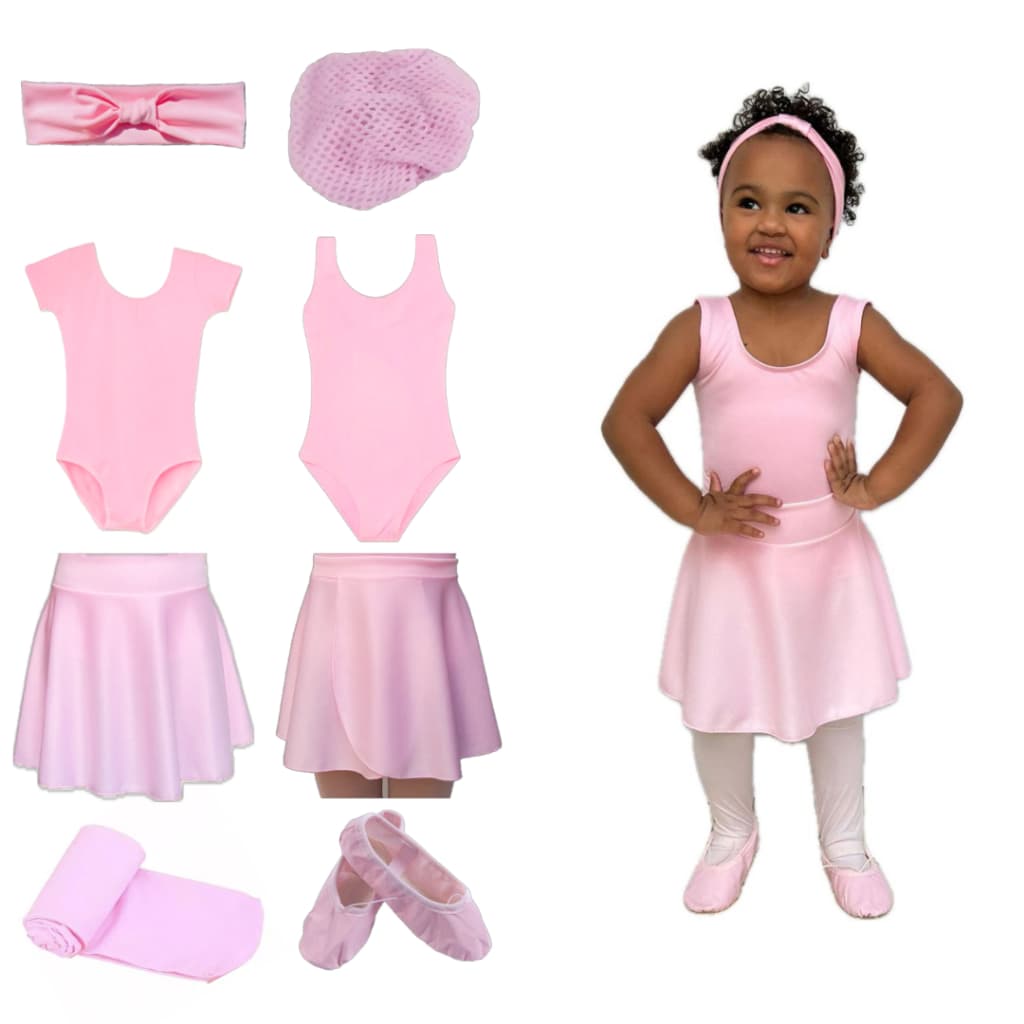 Kit Ballet Infantil Com 8 Peças: Faixa + Rede + Collant+ Collant Regata +Saia De Cós +Saia Transpassada +Meia +Sapatilha