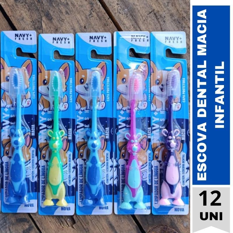 Kit Pacote Com 12 Escovas Dental Macia Infantil Com Capa Protetora e Limpador De Lingua