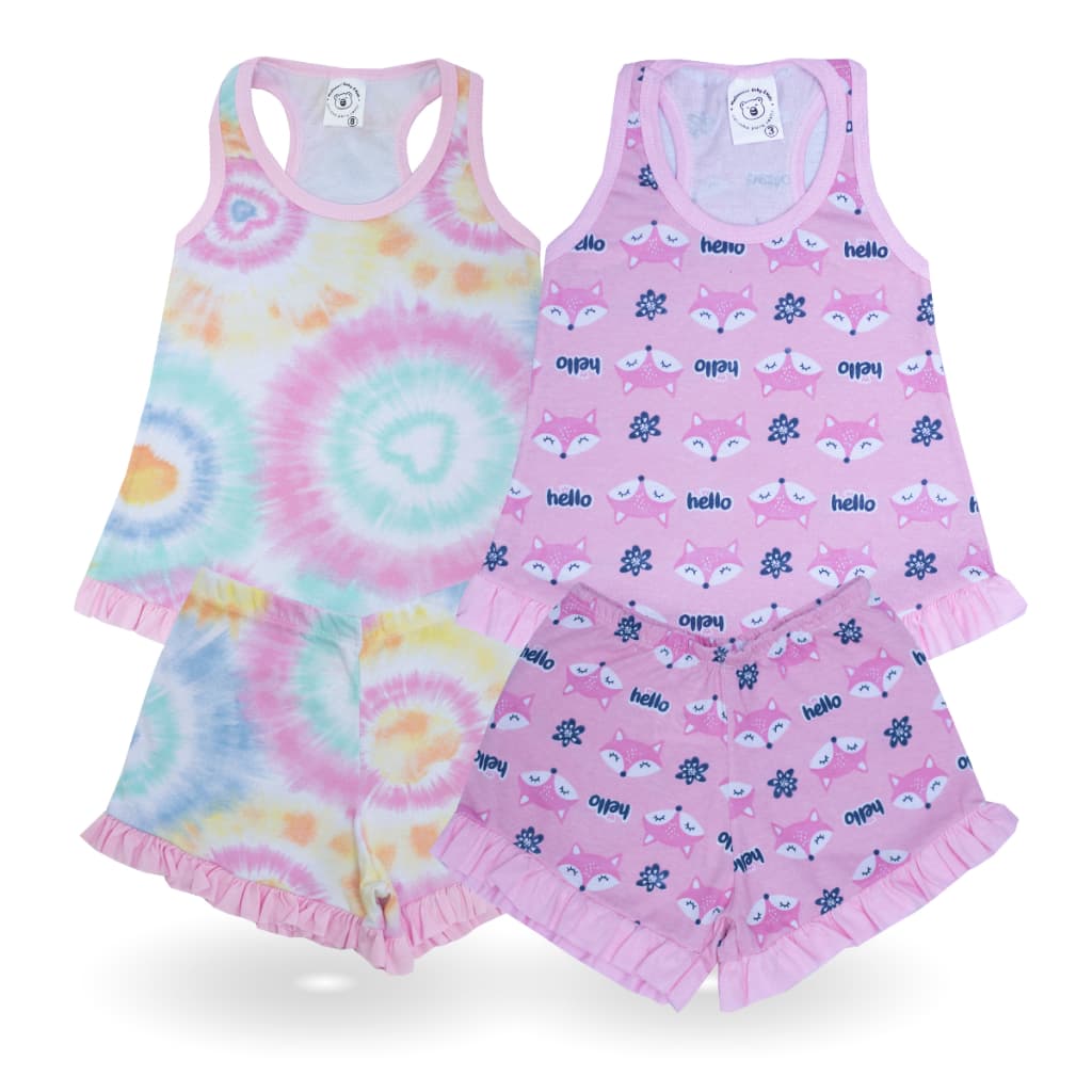 KIT 2 Peça Conjunto Baby Doll - Pijama Feminino Juvenil 1-16 Ano - Short e Regata Noite Quente Verão