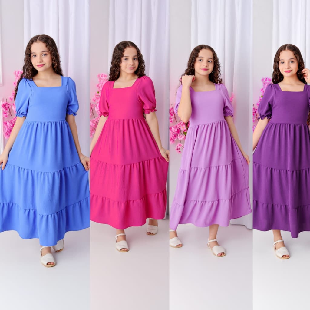 VESTIDO LONGO DE MANGA CURTO INFANTIL JUVENIL MODA EVANGELICA