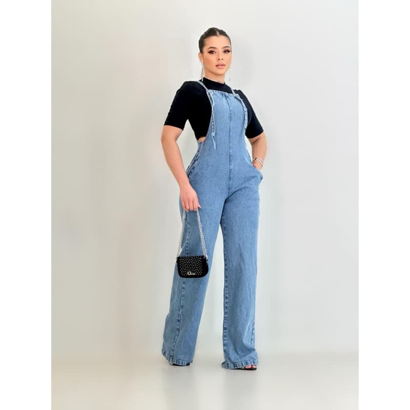 MACACÃO JEANS ALÇA DE OMBRO WIDE LEG SEM LYCRA FEMININA