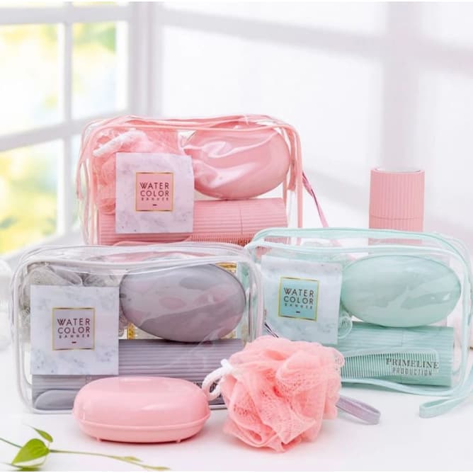 1Kit de Viagem com 5Peças Kit de Viagem Com Bolsa Porta Escova Pente Saboneteira e Ducha Compacto Para Viagem