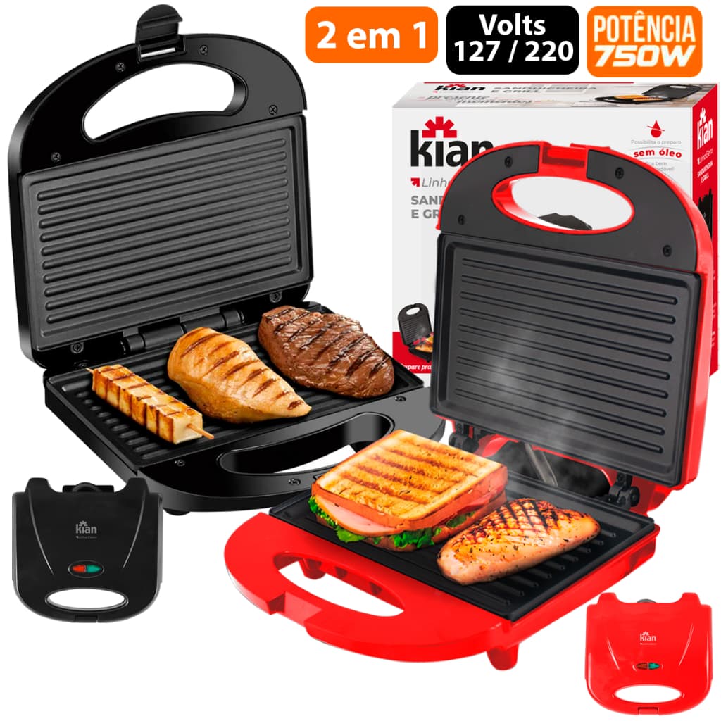 Sanduicheira Antiaderente Grill 2 em 1 Preta - vermelha Elétrica 750w 127V / 220V Automatica Premium