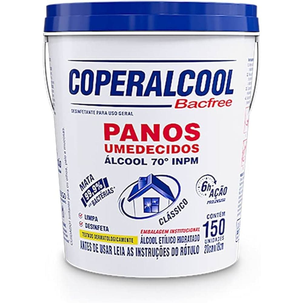 Lenços Panos Umedecidos Álcool 70 Coperalcool Balde 150 Unidades - Loja Limpeza  Escola Bolsa Viagem