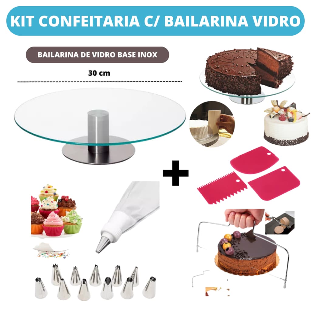 Kit Confeitaria Bailarina De Vidro Nivelador Bico de Confeitar Espátula Raspadora Profissional