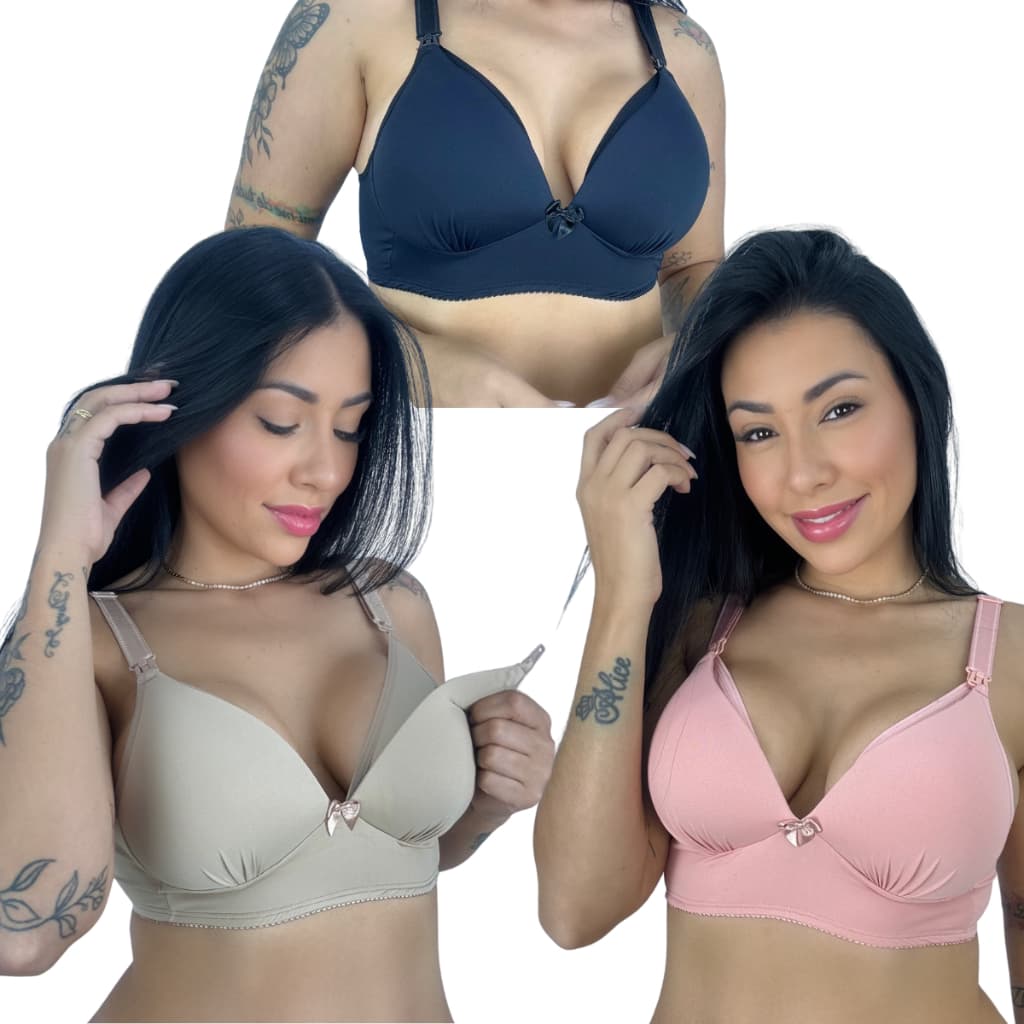 KIT C/3 Sutiã Amamentação com Bojo Soft todo em Micro Facil Amamentar Kelly