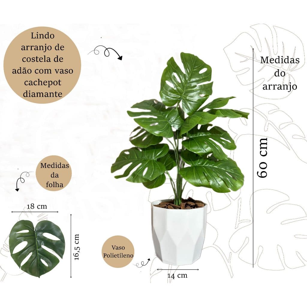 Planta Artificial Costela de Adão + Vaso Cachepot Decorativo